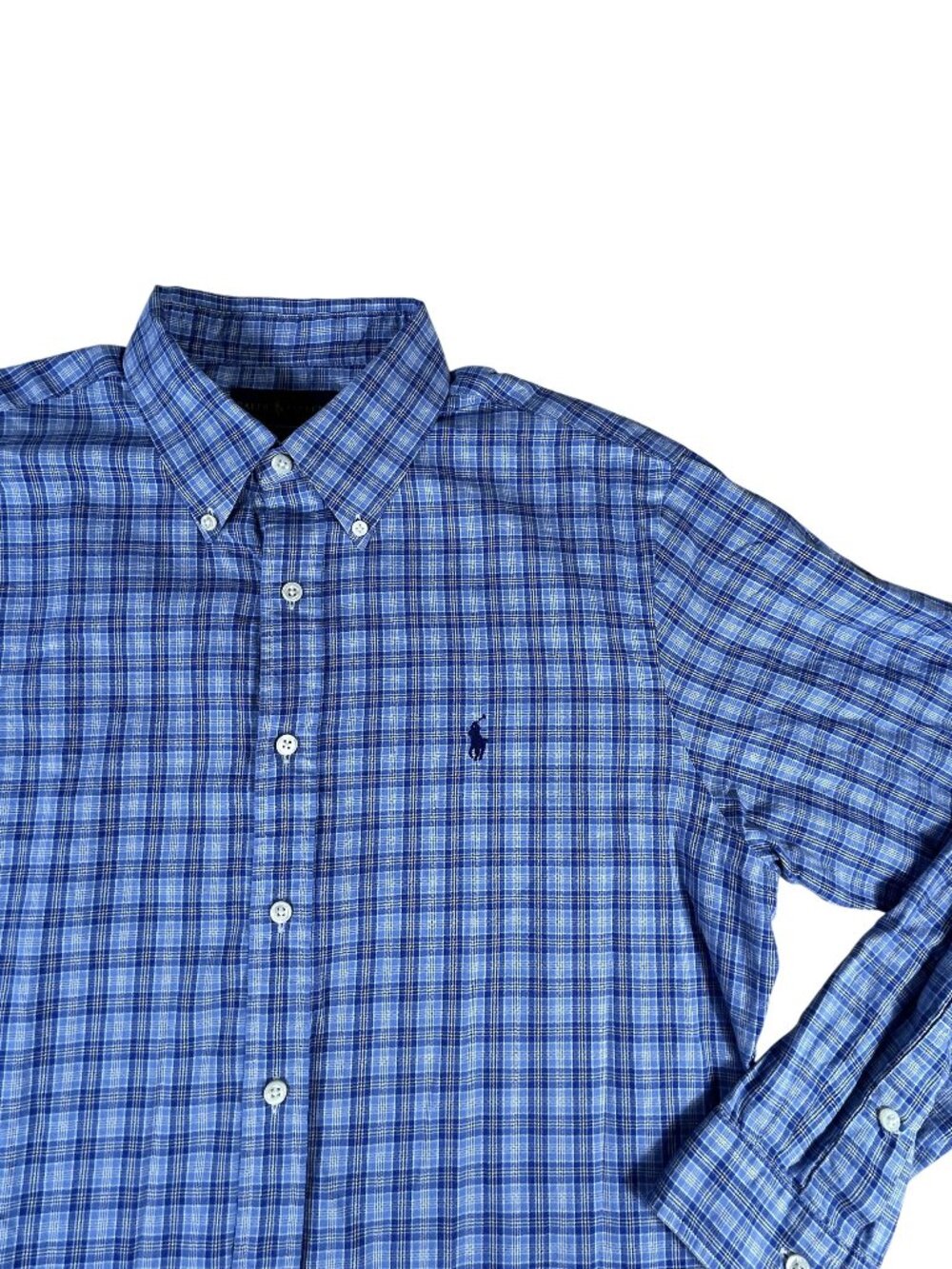 Ralph Lauren Button Down Shirt Blue Plaid Men's Sz XL Slim Fit Long Sleeve Horse